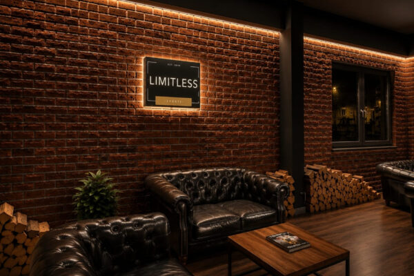 Lounge Eingang Limitless Sports Recklinghausen Lounge mit beleuchtetem Limitless Sports Logo, Chesterfield Sofas und Backsteinwand in Recklinghausen