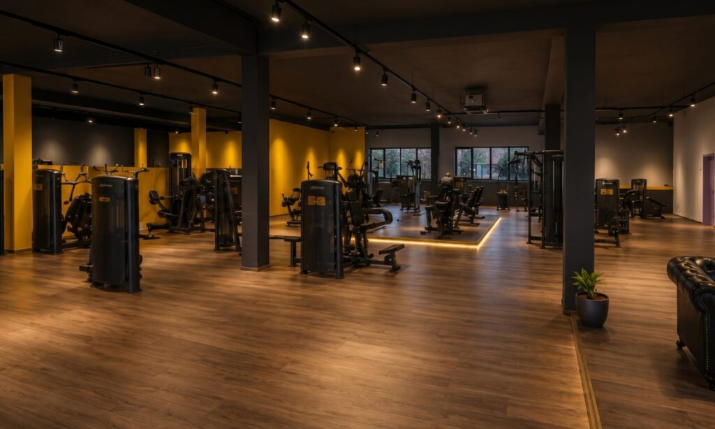 Trainingshalle Limitless Recklinghausen Weitläufige Trainingshalle mit schwarzen Kraftgeräten und goldgelben Akzentwänden im Limitless Recklinghausen