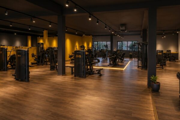 Trainingshalle Limitless Recklinghausen Weitläufige Trainingshalle mit schwarzen Kraftgeräten und goldgelben Akzentwänden im Limitless Recklinghausen
